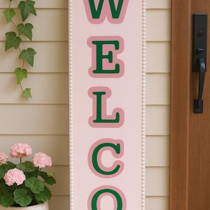 Plaque de bienvenue rose et verte de 48 po. • Accent nacré, décoration de porche