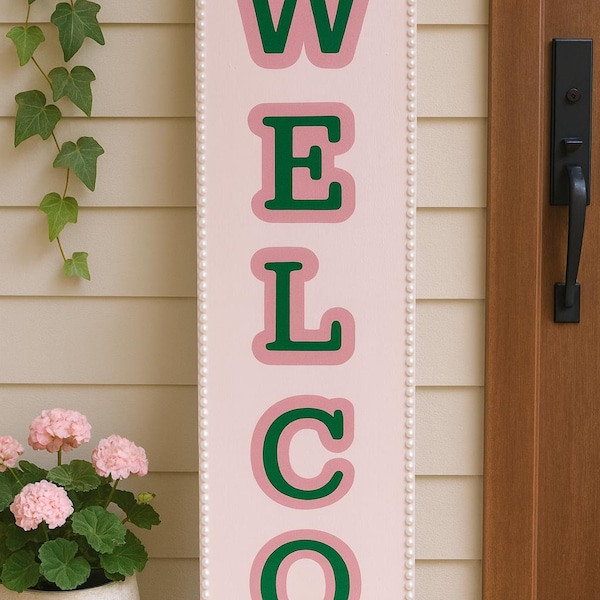 48" Pink & Green Welcome Sign • Pearl Accent, Porch Decor