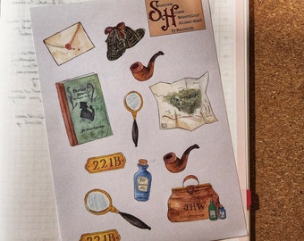 Sherlock Holmes Sticker Sheet. A6 sheet of stickers featuring designs inspired by classic Victorian Sherlock Holmes.