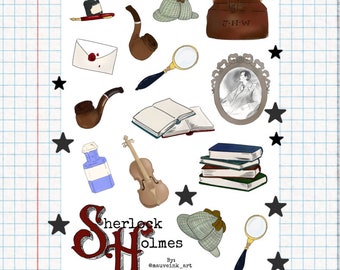 Hoja de pegatinas imprimible de Sherlock Holmes. Imprimible digitalmente, ideal para revistas y planificadores.