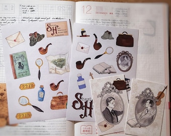 Sherlock Holmes journal pack. Two A6 sheets of original victorian Sherlock Holmes themed stickers and Holmes & Watson journal cards.