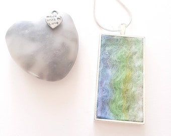Handmade Felt Rectangular Pendant Necklace - merino wool felt - blue - green - gift for her - unique - white - texture textile jewellery