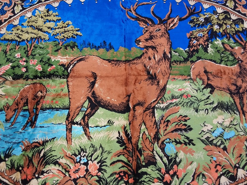 Wall Hanging Decoration Decorative Table Cloth 3/'11x5/'1 Vintage Handloom Textile Deer with Blue Background Home Decor Turkish Textile
