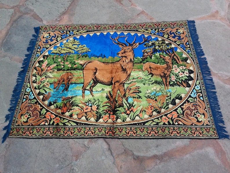Wall Hanging Decoration Decorative Table Cloth 3/'11x5/'1 Vintage Handloom Textile Deer with Blue Background Home Decor Turkish Textile