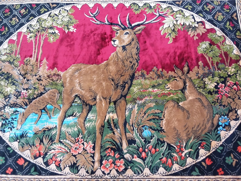 Home Decor Unique Textile 3.10x5.5 Deers On Red Background Wall Decor Textile Handloom Table Cloth Handloom Turkish Vintage Textile