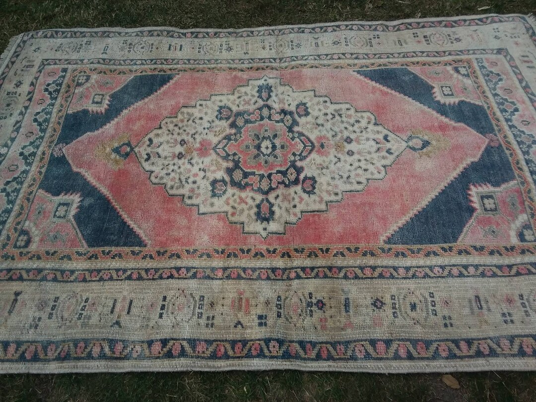 3.11x5.10 Vintage Oushak Rug/ Pink Navy Area Rug/ Floor Rug/ Handwoven