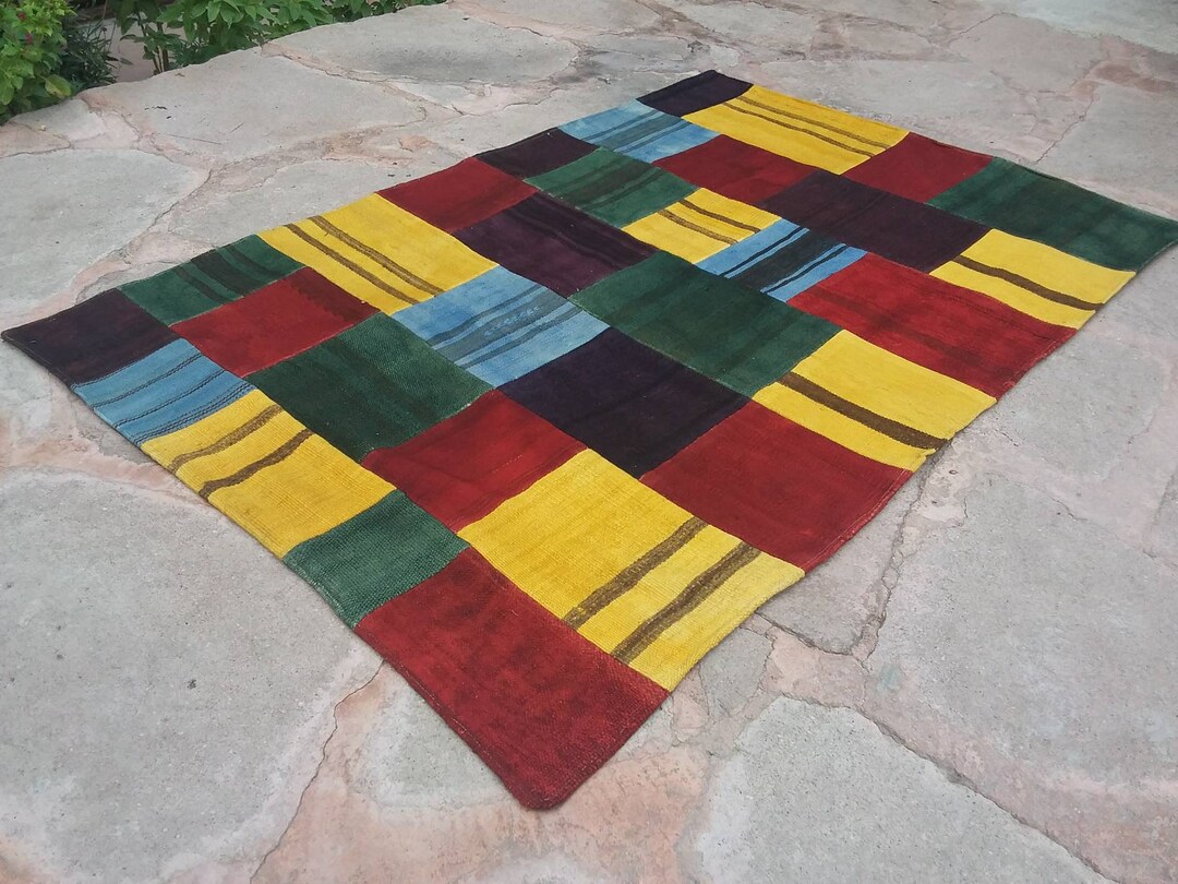 Oushak Patchwork Kilim Rug, Multicolors Accent Rug, TV Room Rug, Living