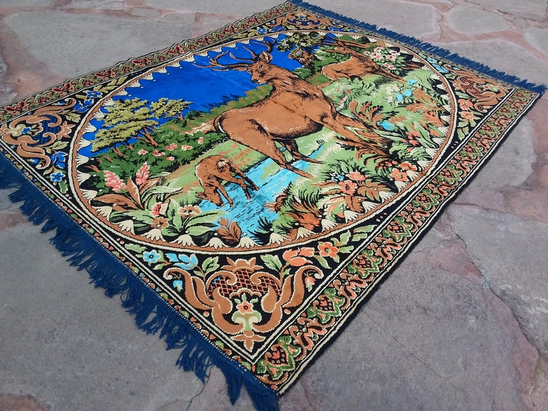 Wall Hanging Decoration Decorative Table Cloth 3/'11x5/'1 Vintage Handloom Textile Deer with Blue Background Home Decor Turkish Textile