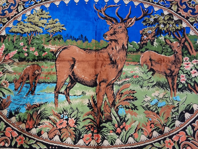 Wall Hanging Decoration Decorative Table Cloth 3/'11x5/'1 Vintage Handloom Textile Deer with Blue Background Home Decor Turkish Textile