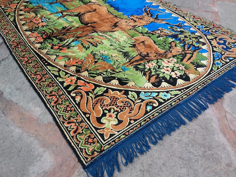 Wall Hanging Decoration Decorative Table Cloth 3/'11x5/'1 Vintage Handloom Textile Deer with Blue Background Home Decor Turkish Textile
