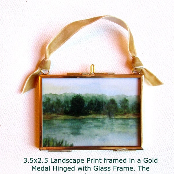 Gold Miniature Framed Landscape Print Ornament, 3.5x2.5 Glass and Brass Vintage Style Hinged Frame with Chain or Velvet Ribbon