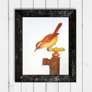Wren Watercolor Print, Bird on Water Spigot Painting, Garden Themed Art, Water Faucet Painting, 4x6, 5x7, 8x10, 11x14 Wall Art