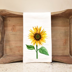 Sunflower Watercolor Flour Sack Tea Towel, 27x27 Inch Towel, 100% Organic Cotton Yellow Kitchen Dish Towel, Hostess Gift