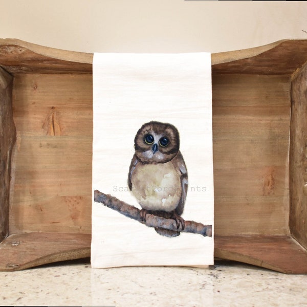Owl Flour Sack Tea Towel, Bird Watercolor 27x27 Inch Towel, 100% Cotton Kitchen Dish Towel, Owl Themed Hostess Gift