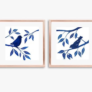 Watercolor Bird Silhouette Square Print, Set of Two Blue Wall Art, 10x10, 8x8, 5x5, 4x4 Print, Monochromatic Blue Bird Painting