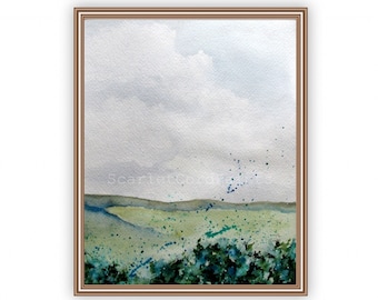 Blue Green Meadow Watercolor Print, Abstract Floral Landscape Art, 4x6, 5x7, 8x10, 11x14 sizes