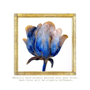 Watercolor Square Print, Blue Gold Wall Art, 10x10, 8x8, 5x5, 4x4 Print, Blue Metallic Tulip Painting,