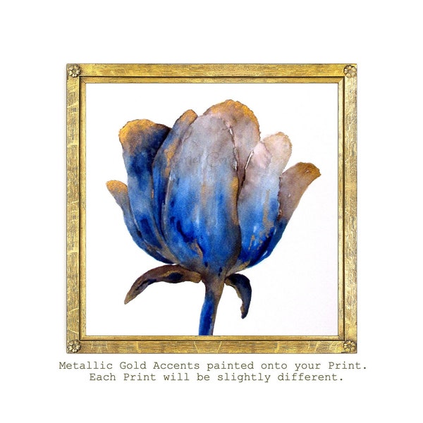 Watercolor Square Print, Blue Gold Wall Art, 10x10, 8x8, 5x5, 4x4 Print, Blue Metallic Tulip Painting,