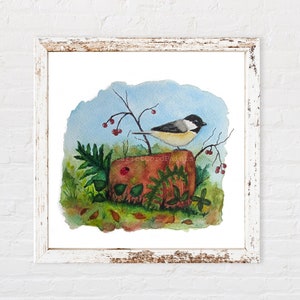 May include: Watercolor painting of a black-capped chickadee perched on a red rock with green foliage and red berries. The bird is facing right and has a yellow breast.