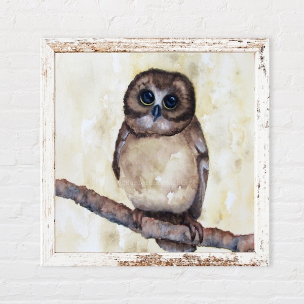 Owl Print, Square Bird Watercolor, 10x10, 8x8, 5x5, 4x4, Owl on a Branch Painting, Yellows and Brown Wall Art
