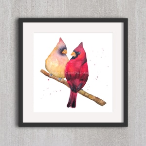 Cardinal Square Print, Bird Art Wall Decor, 10x10, 8x8, 5x5, 4x4 Print, Red Bird Painting, Cardinal Watercolor