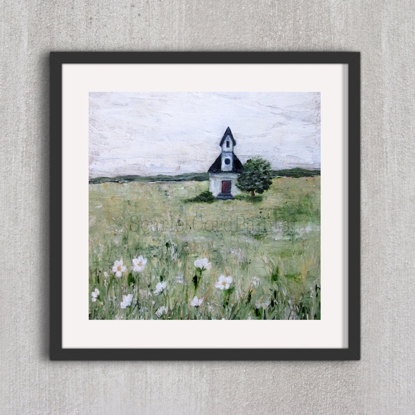 Square Church Print, 10x10, 8x8, 5x5, 4x4 Acrylic Fine Art Painting, Church in Meadow Print, Palette Knife Minimalist House Print