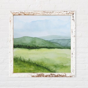 Meadow and Sky Watercolor Square Print, Blue and Green Decor, 10x10, 8x8 Print, 5x5, 4x4  Print, Soft Abstract Landscape Painting,