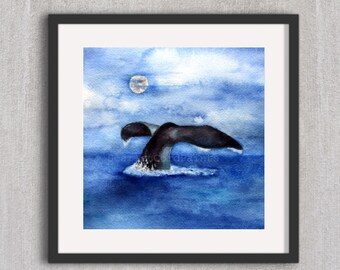 Whale Tail Watercolor Print, Square Ocean Art, 4x4, 5x5, 8x8, 10x10 sizes