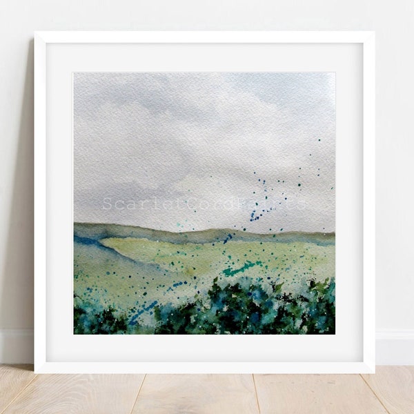 Square Landscape Watercolor Print, Blue and Green Decor, 10x10, 8x8 Print, 5x5, 4x4  Print, Soft Abstract Landscape Painting, Square Print
