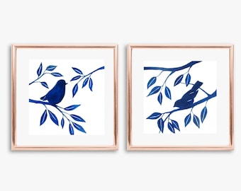 Watercolor Bird Silhouette Print Set, Blue Wall Art