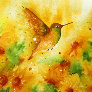 Hummingbird and Sunflower Square Print, Art Wall Decor, 10x10, 8x8, 5x5, 4x4 Print, Hummingbird Painting, Yellow and Green Decor