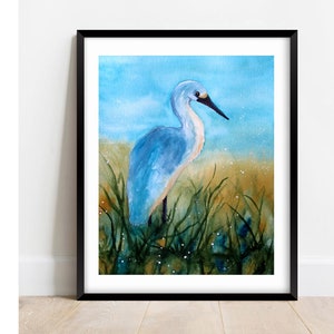 Egret Watercolor Print, Coastal Water Bird Painting, 4x6, 5x7, 8x10, 11x14 Print, White Heron Print, Beach Nautical Wall Decor