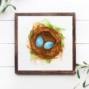 Watercolor Bird Nest Art Print, Blue Eggs, Square Giclee, 4x4, 5x5, 8x8, 10x10 sizes