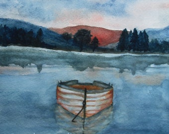 Lake House Watercolor Art Print, Row Boat Landscape Painting, 4x6, 5x7, 8x10, 11x14 sizes
