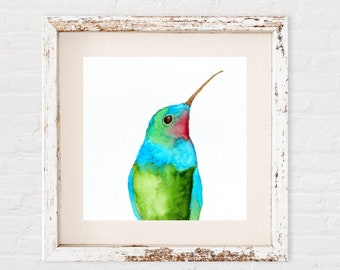 Impression carrée colibri aquarelle, décoration murale art, 10 x 10, 8 x 8, 5 x 5, impression 4 x 4, peinture colibri assis, impression oiseau