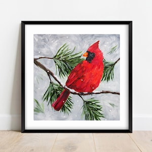 Winter Red Cardinal Square Painting, Acrylic Fine Art Print, 10x10, 8x8, 5x5, 4x4 Bird Print, Christmas Cardinal Painting