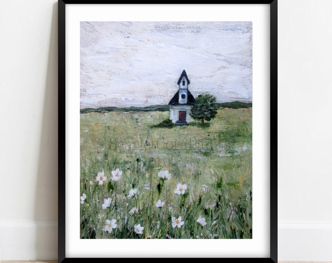 Abstract Meadow and Country Church Print, Acrylic Landscape, Art Wall ...