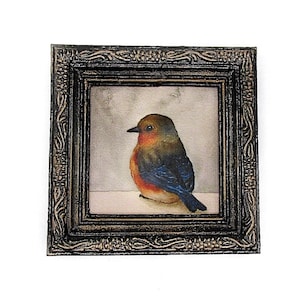 Framed 3x3 Canvas Blue Bird Print of My Original Painting, Miniature Art Gift, Table Top or Wall Decor, Easel Included