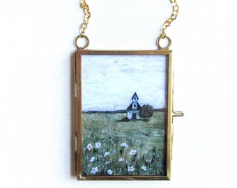Miniature Church Landscape Framed Print, 2.5x3.5 Glass and Brass Small Hinged Frame with Chain or Velvet Ribbon, Vintage Style Ornament