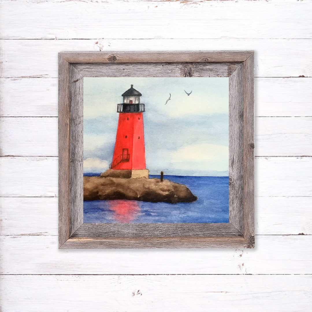 Red Lighthouse Watercolor Print, Square Print, Manistique Lighthouse