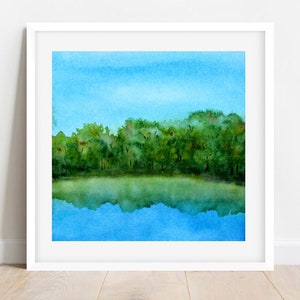 Lake Watercolor Print, Blue and Green Decor, 10x10, 8x8 Print, 5x5, 4x4  Print, Soft Abstract Lake Painting, Landscape Square Print