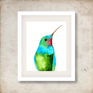 Hummingbird Watercolor Painting, 4x6, 5x7, 8x10, 11x14 Bird Print, Green and Teal Art Wall Decor,