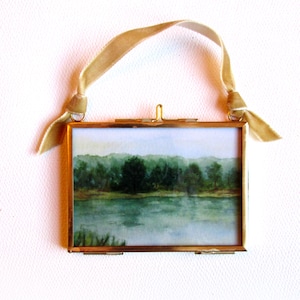 Gold Miniature Framed Landscape Print Ornament, 3.5x2.5 Glass and Brass Vintage Style Hinged Frame with Chain or Velvet Ribbon