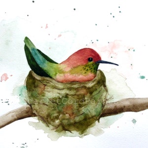 Hummingbird Nest Watercolor Print 4x6, 5x7, 8x10, 11x14 Horizontal Bird Painting, Blue Green Art Wall Decor,