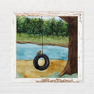 Landscape Lake and Swing Square Watercolor Print, Blue and Green Decor, 10x10, 8x8, 5x5, 4x4 Print, Soft Abstract Lake and Trees Painting