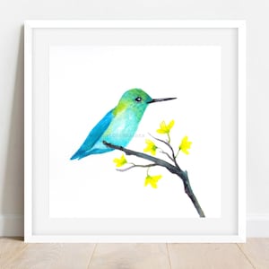 Watercolor Square Print of Hummingbird, Art Wall Decor, 10x10, 8x8, 5x5, 4x4 Print, Teal Bird Painting,