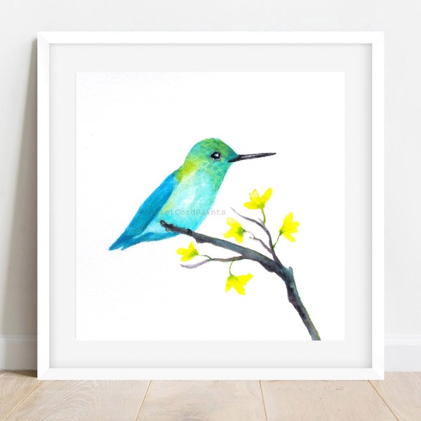 Watercolor Square Print of Hummingbird, Art Wall Decor, 10x10, 8x8, 5x5, 4x4 Print, Teal Bird Painting,