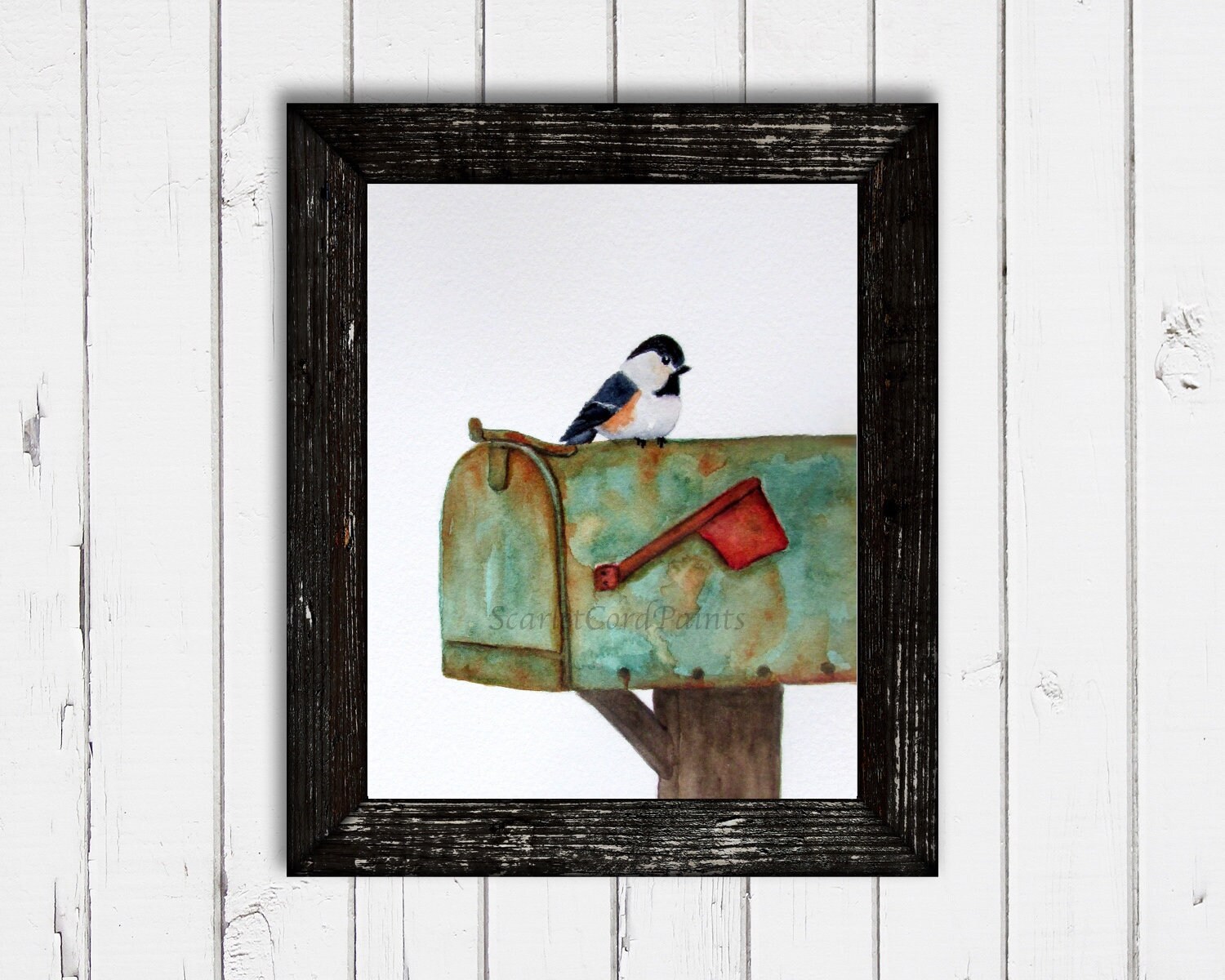 Bird on Mailbox Watercolor Print, 4x6, 5x7, 8x10, 11x14 Print, Chickadee Painting, Bird Decor, Garden Themed Art,