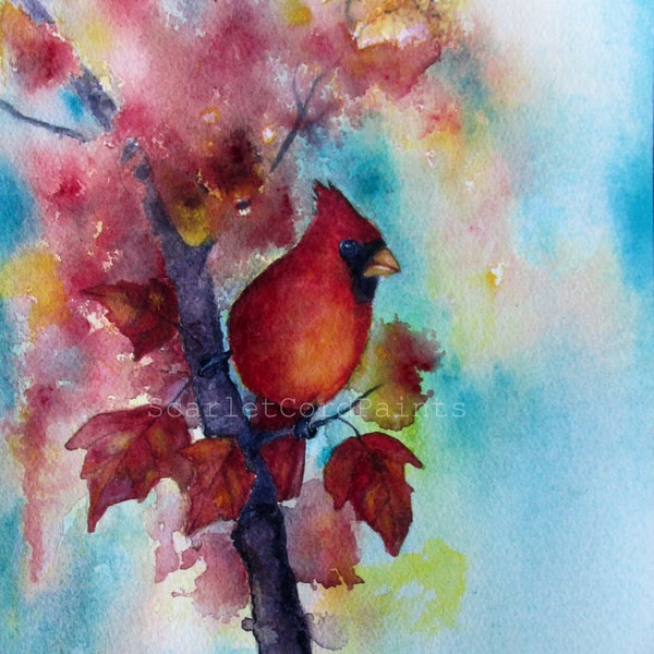 Red Cardinal in a Fall Tree Art Print, Bird Watercolor Square Painting, 4x4, 5x5, 8x8, 10x10
