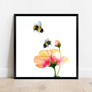 Bees and Flower Watercolor Print, 10x10, 8x8 Print, 5x5, 4x4  Print, Bee and Floral Square Print